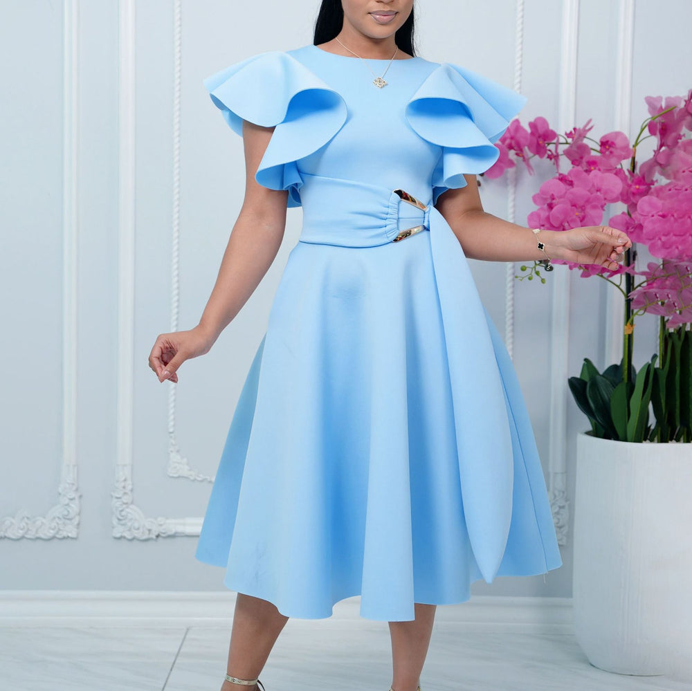 D3362  fashionexport summer elegant eleganceruffle sleeves waist strap dress cross-border dress