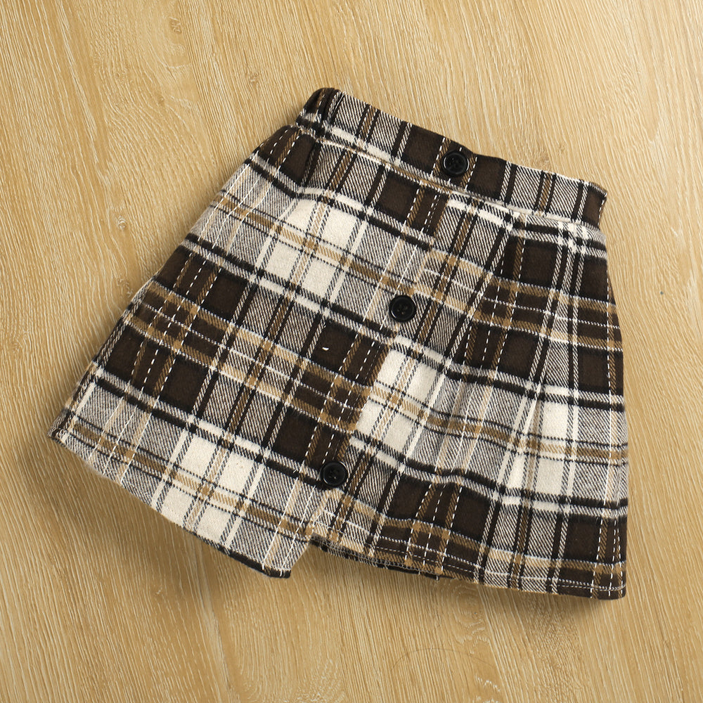 autumn cross-border exclusive: girls' long-sleeve ribbed knit top + irregular plaid mini skirt two-piece set