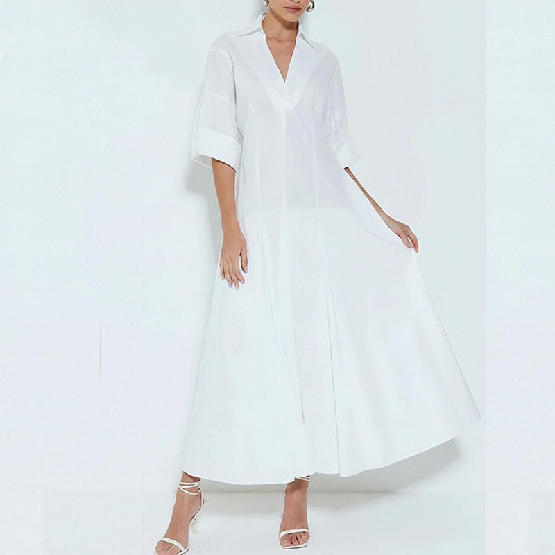 summer new women's clothing: cross-border european and american style dress - fashionable and elegant solid color v-neck pleated maxi dress