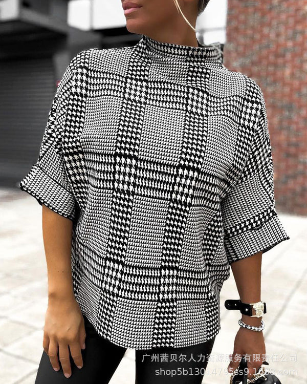 LZR11952 Spot Foreign Trade-2022 European and American Women's Clothing New Thousand Birds Grid Short Sleeve Knitted Pullover