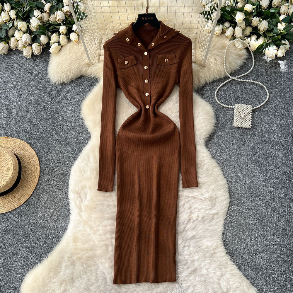 Elegant and chic metallic buckle collar long sleeve dress - women's slim-fit knit maxi dress for autumn