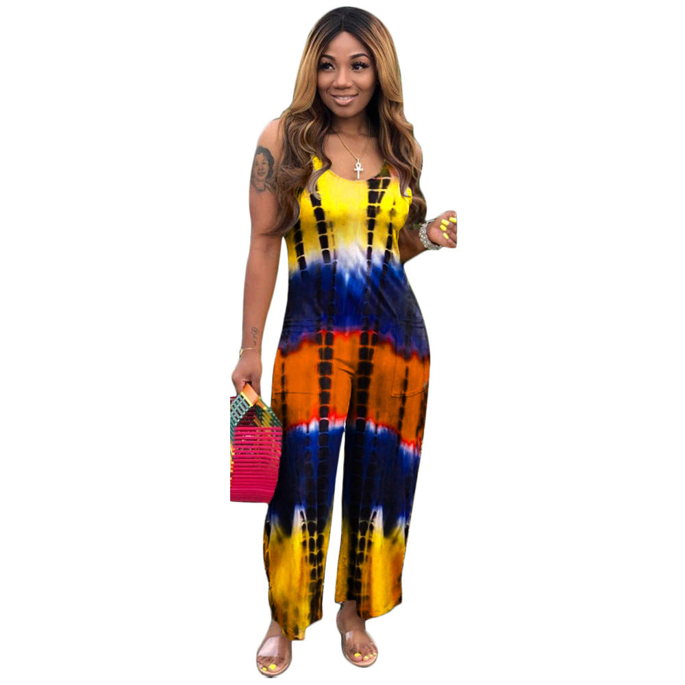 S390141 European and American summer wholesale casual off-the-shoulder hollow printing suspender jumpsuit fashionable wide-leg pants women