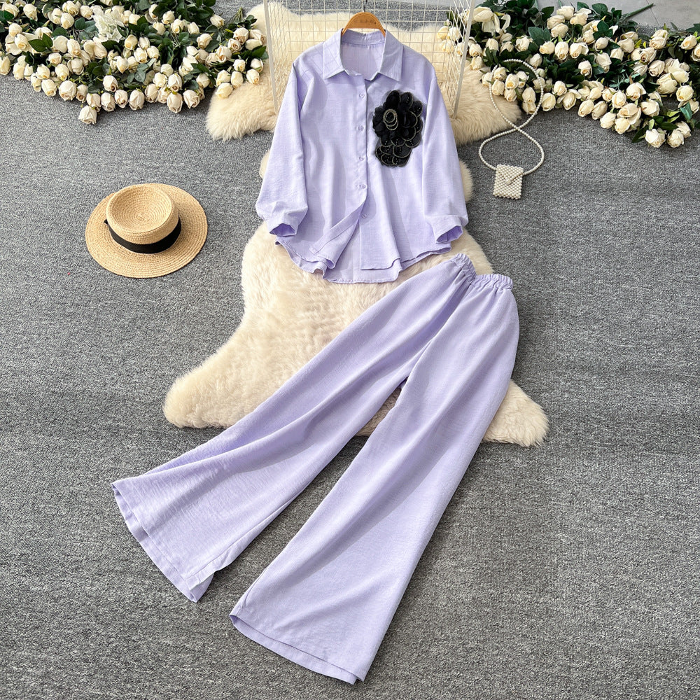 Light mature style wear women's autumn fashion heavy industry beading stereo flower long sleevesshirthigh waistloose wide leg pants
