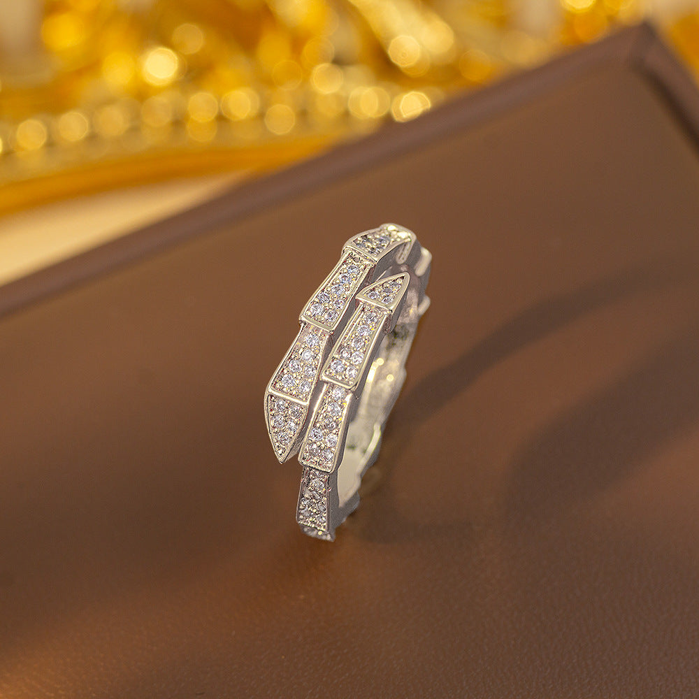 K-style popular snake bone ring half circle diamond-encrusted open full diamond snake head ring classyaccessible luxury exquisite jewelry wholesale