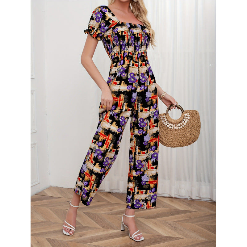 code new arrival  women's original fashion bohemia square neck printing jumpsuit
