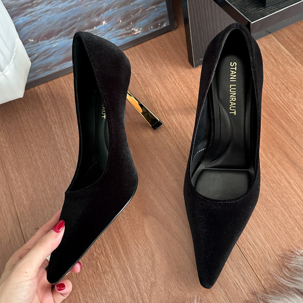 Yx2026new arrival small gold root black suede flatsflats thin heel fashioneasiest for matchelegant pointed toe high heels for women