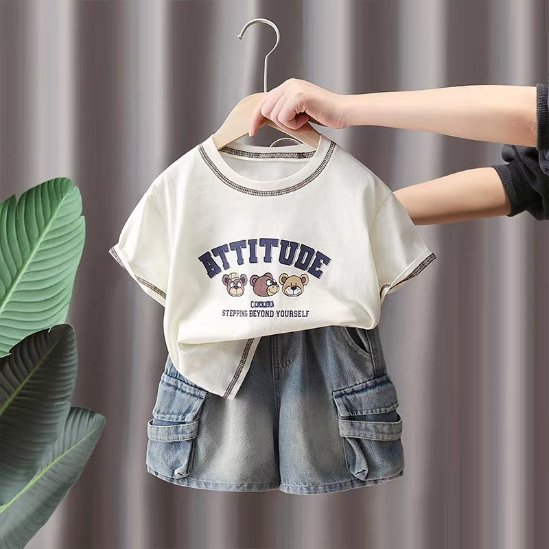 summer new boys' short-sleeve set: trendy & stylish t-shirt and shorts two-piece outfit - wholesale available