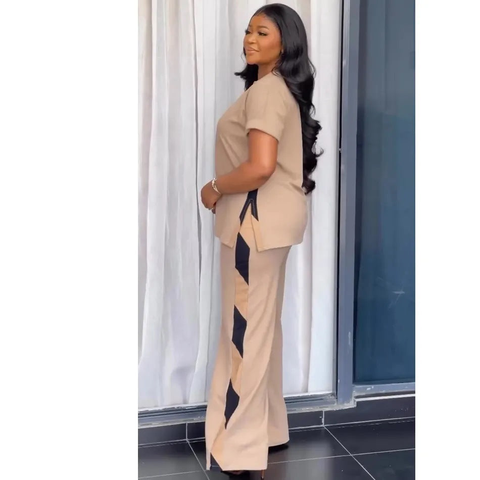 European and american cross-border women's fashion  winter new arrival: short-sleeve v-neck side-slit top and high-waisted wide-leg pants two-piece set
