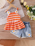 Children's clothing shein cross-border girl suit orange suspender tops + blue shorts