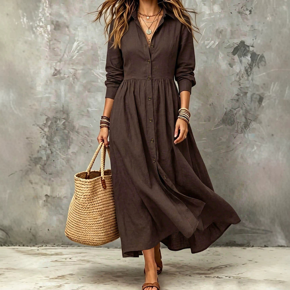 Plus size women's vintage shirt dress - long sleeve, button-down, notched collar, buttoned waist, pleated, flowy, loose fit, vacation style