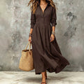 Plus size women's vintage shirt dress - long sleeve, button-down, notched collar, buttoned waist, pleated, flowy, loose fit, vacation style