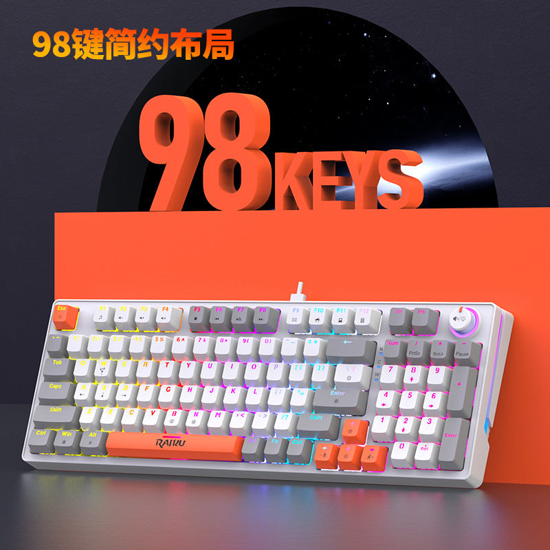 Raiku gk98 illuminated wired rgb mechanical keyboard - 98-key layout, customizable gaming, esports, blue switches, with knob