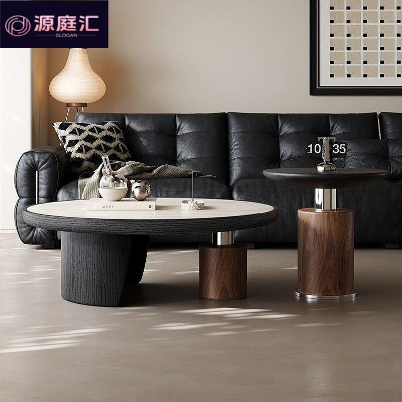 Travertine coffee table - modern minimalist, small apartment, mid-century modern style, living room, home, light luxury, creative round "moon embrace" coffee table
