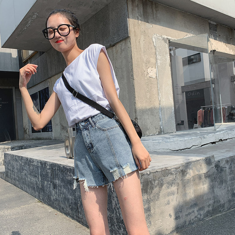 Bearded denim shorts for women new arrivalk-stylework clothingfashion ripped bearded washed high waistlooseloose pants