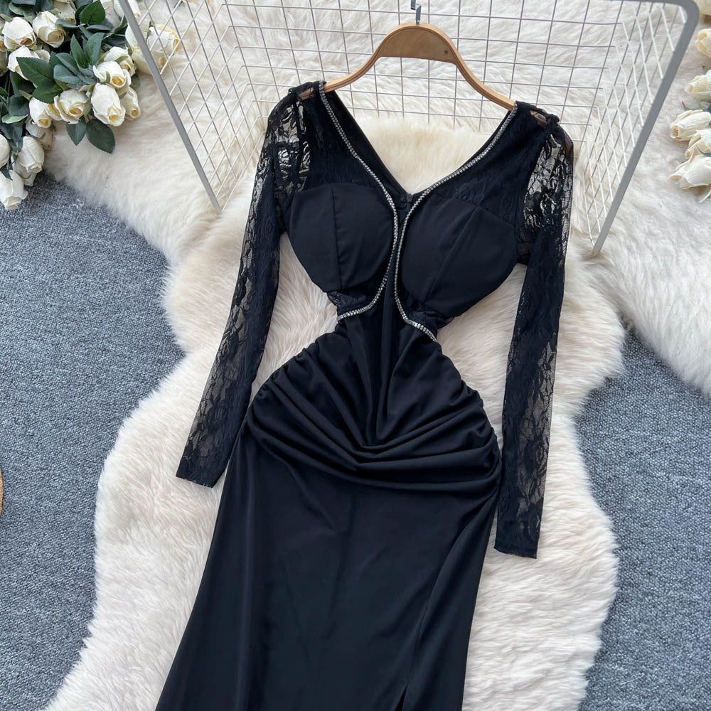 Elegant women's french-style high-end beaded v-neck lace long-sleeve patchwork waist-tie slit dress