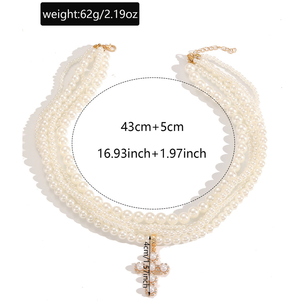 European and american multi-layered imitation pearl necklace frenchretroaccessible luxury sweet cool inlaid pearl cross pendant necklace for women