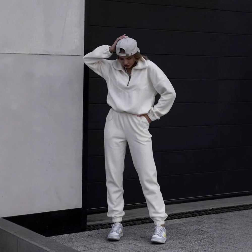 European and American  fashion sweater set women's zipper semi-cardigan jumper trousers two-piece set sports suit women