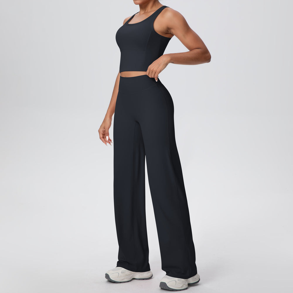 New arrival: cross-border double-sided brushed solid color breathable long wide-leg yoga outfit set - two-piece activewear for running and fitness