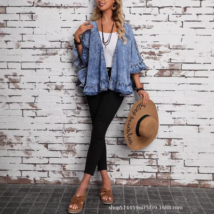 Amazon tiktok pinduoduo foreign trade cross-border fashion women's ruffles sleeve denim cardigan washed outwear