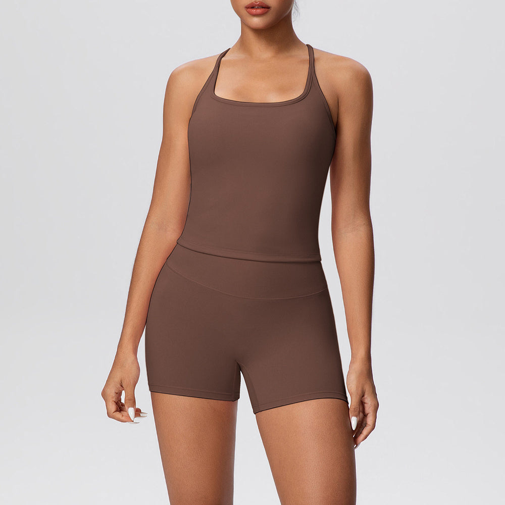brushed back tight racerback high waist yoga suit sports running fitness shorts suit for women