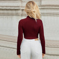 european and american women's clothing  spring/summer high neck cutout fashion sexy bodycon knitted long sleeve cropped top