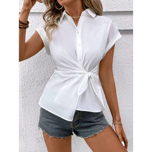 Frenchy Women's Summer Solid Color Bat Wing Short Sleeve with Waist Button Knot Fashion Shirt