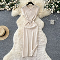 new arrivalniche styleretrok-stylefashionpolo collar short sleeve waist slimming lookelegant slit knittingdress