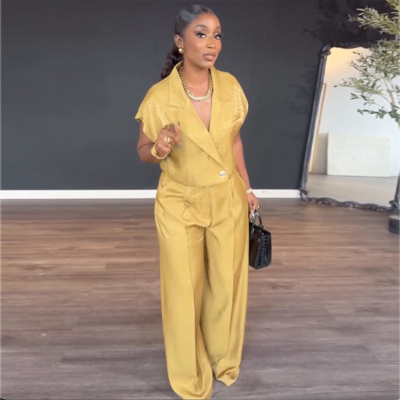 European and american women's clothing  autumn new collection: sweet and fresh blazer collar short sleeve shirt & high-waisted straight-leg pants two-piece set