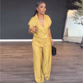 European and american women's clothing  autumn new collection: sweet and fresh blazer collar short sleeve shirt & high-waisted straight-leg pants two-piece set