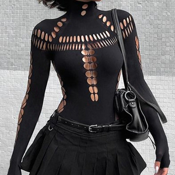 YDT037 Hollow ripped spider web turtleneck slim onesie