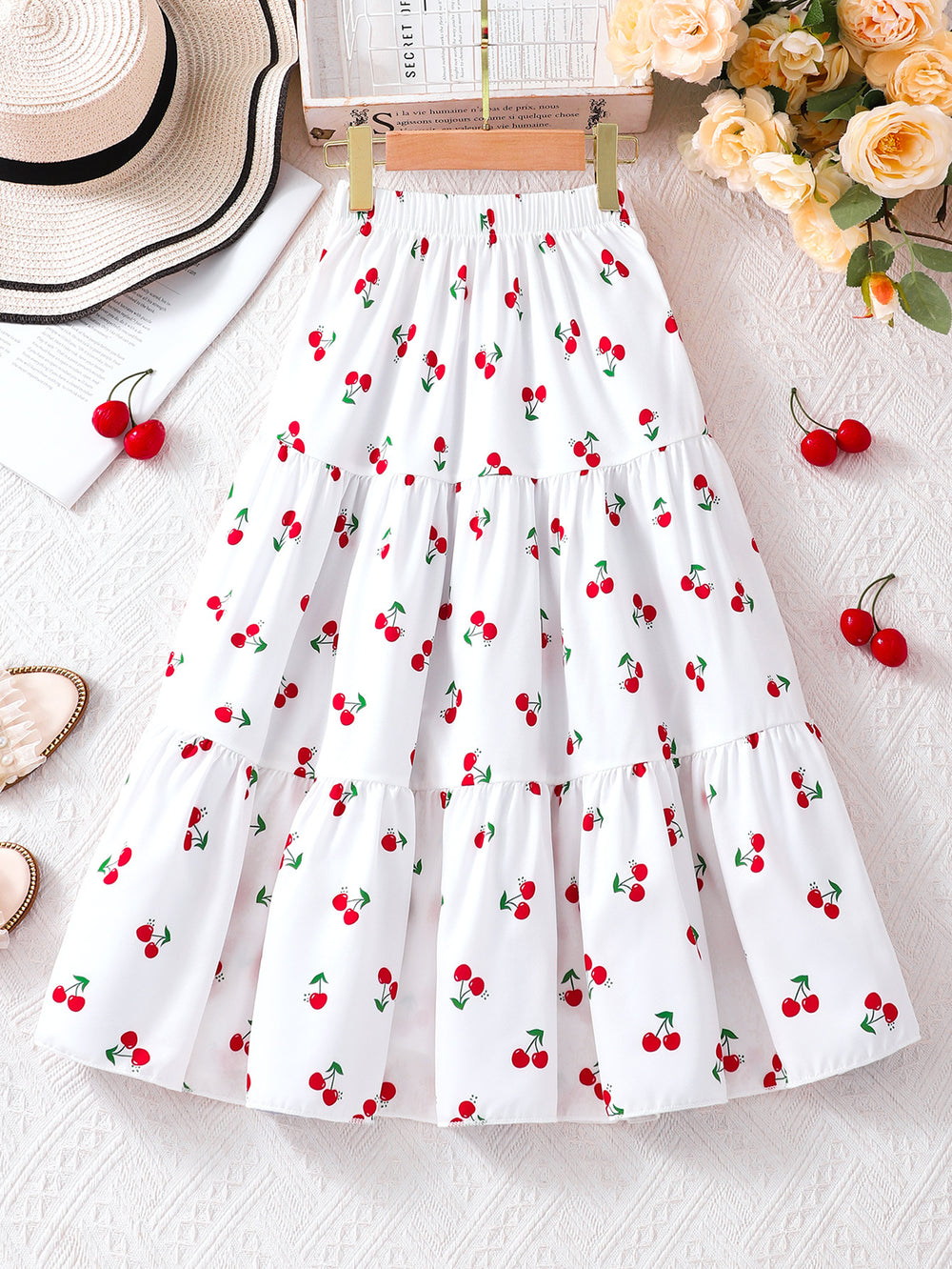 Girls' midi skirt, floral print flowy skirt