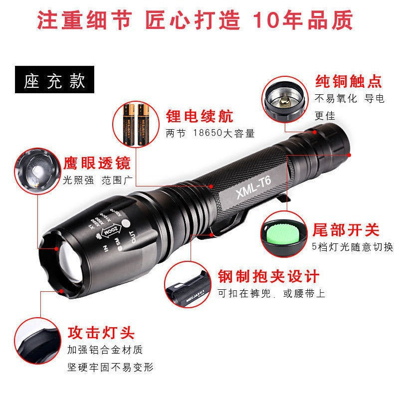 Cross-border  strong light flashlight, long-shot aluminum alloy telescopic flashlight T6 upgrade L2 manufacturer sales