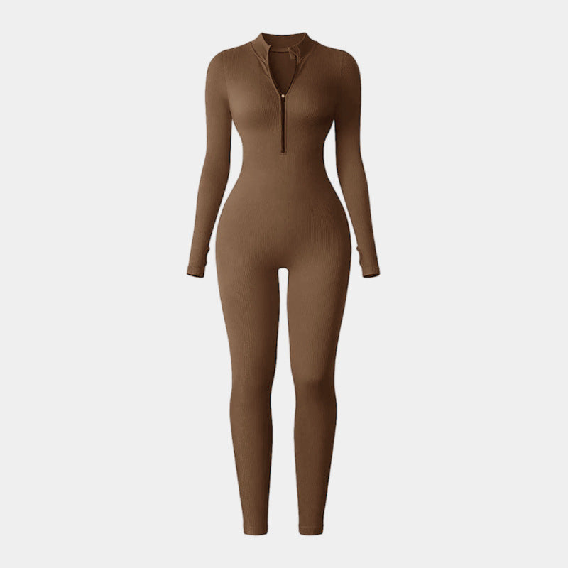 popular thick-threaded sports jumpsuit women's zipper thumb hole tight long-sleeved stand-up collar yoga clothes Europe and America