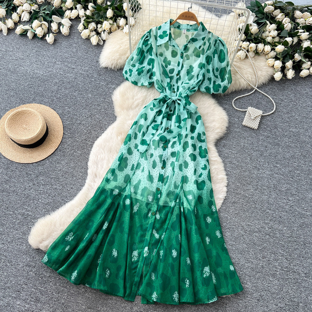 K-style lapel leopard print dress women's summer puff sleeves waist tie back a-line skirt elegant shirt skirt