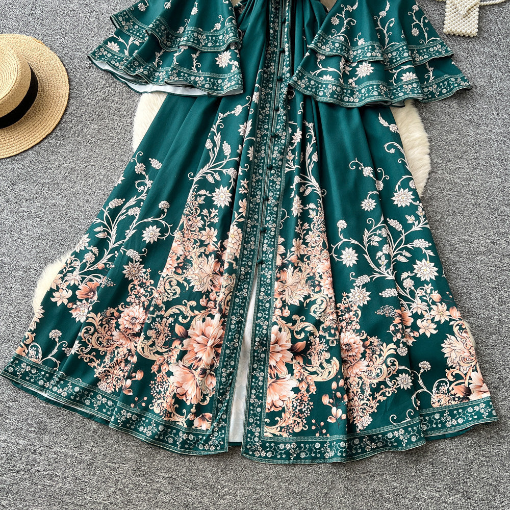 Vintage print v-neck slim-fit dress - women's summer long sleeve tie-waist korean style a-line dress - elegant and chic maxi dress