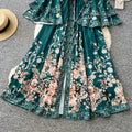 Vintage print v-neck slim-fit dress - women's summer long sleeve tie-waist korean style a-line dress - elegant and chic maxi dress