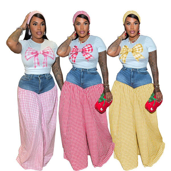 TW717  European and American women's clothing printed slim-fit T-shirt splicing plaid high-waisted loose casual wide-leg pants two-piece set
