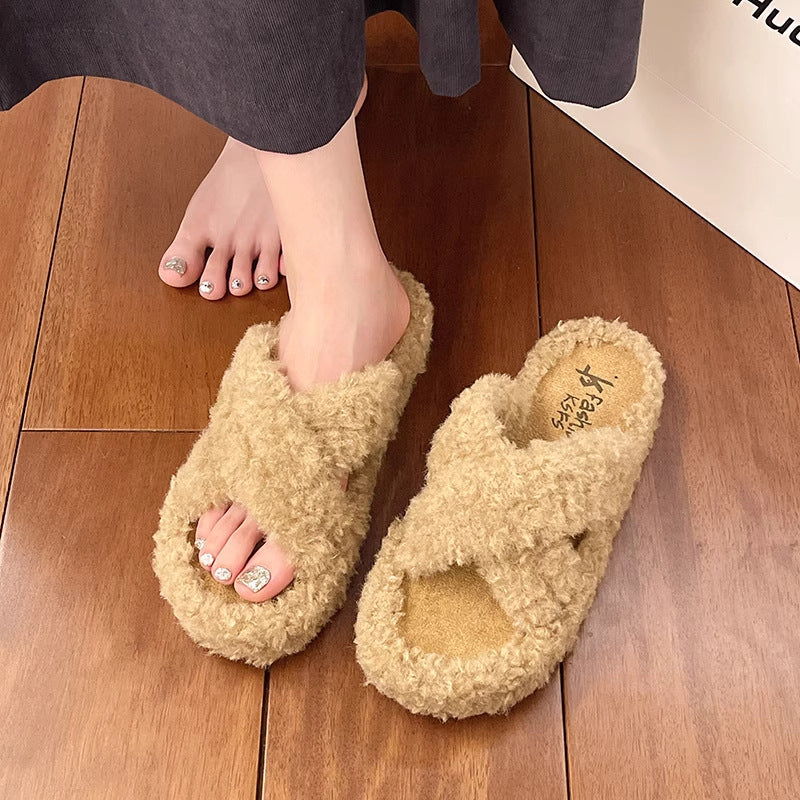 Casualeasiest for match fur slippers for women outwear2025fall and winternew arrivalthick sole cross curly hairheattech lazy flip-flops