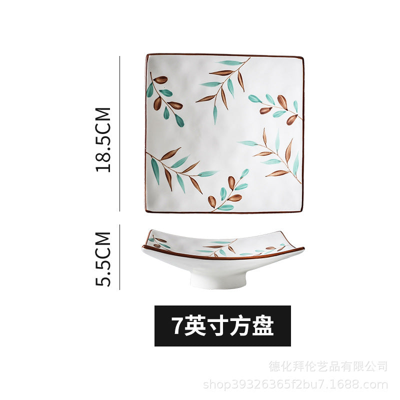 Nordic hand-painted leaf ceramic dinnerware set - includes plates, bowls, and dishes with handles for home use: dinner plates, vegetable plates, fish plates, noodle bowls, and snack dishes
