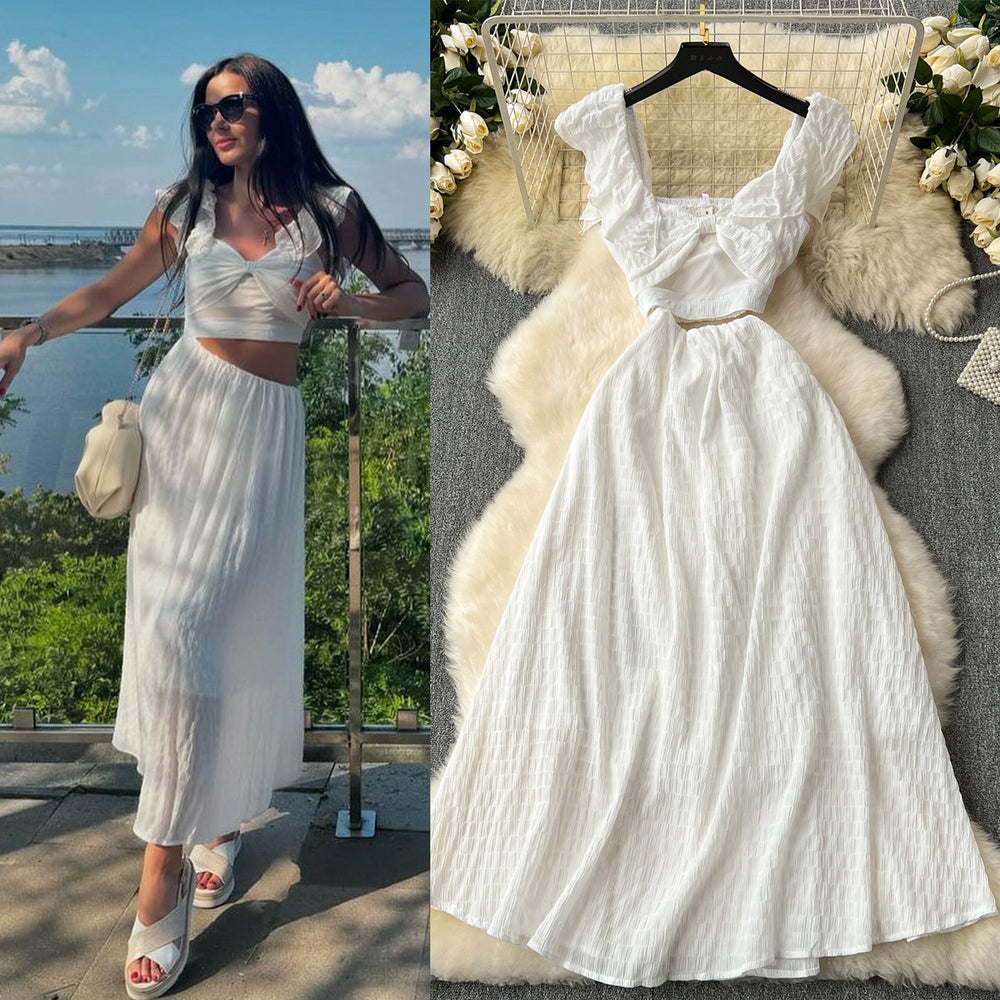 Frenchniche style chic super fairy whitedress women's seaside vacation style scheming cut out small flying sleeves large swing long skirt