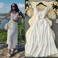 Frenchniche style chic super fairy whitedress women's seaside vacation style scheming cut out small flying sleeves large swing long skirt