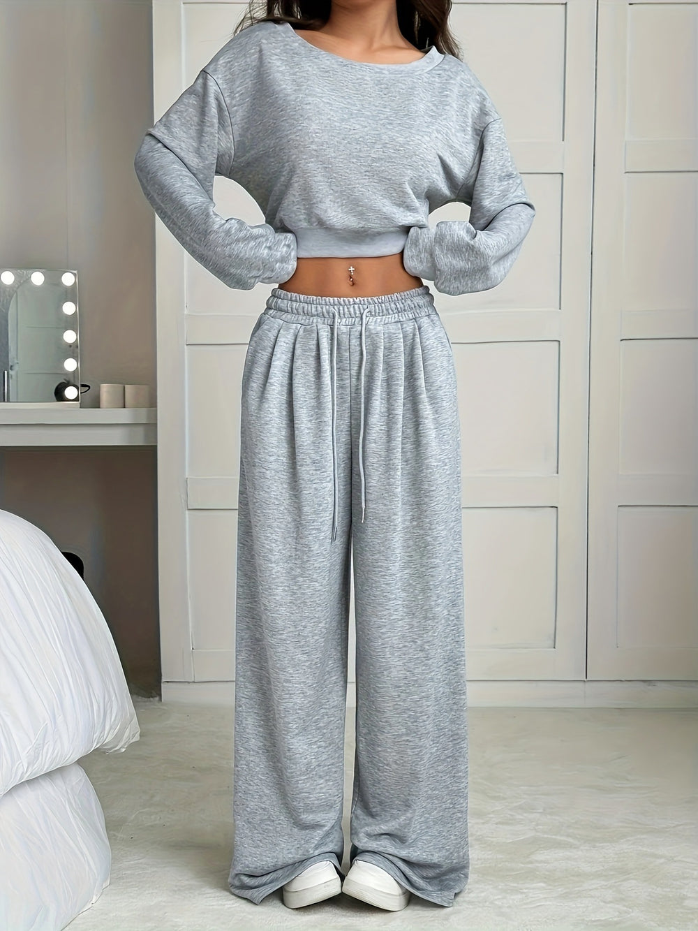 2025autumfashionpure color sports pants women's high waistdraped wide leg sweatpantspetitesamerican style pants