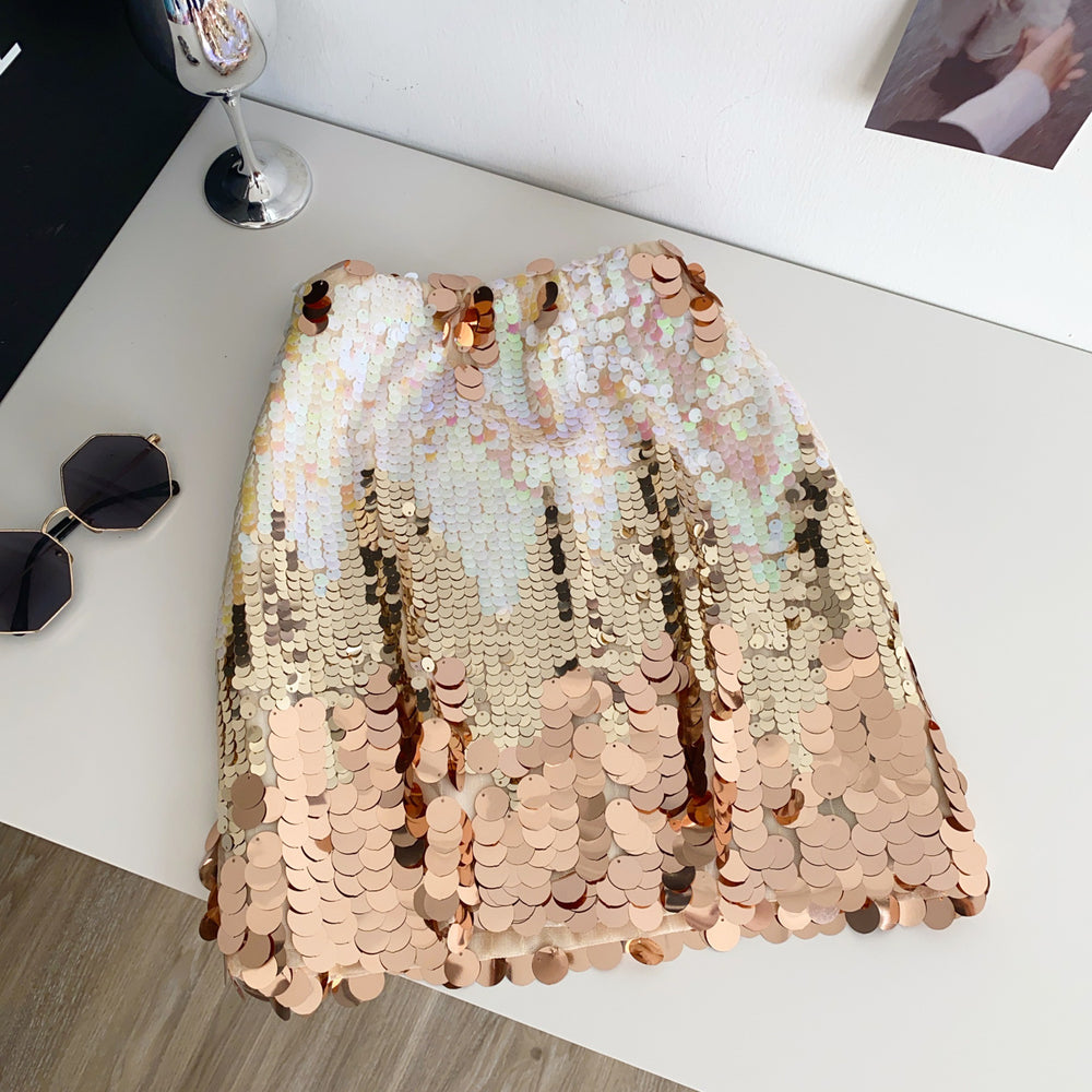 European and american style classy skirt for women summer heavy industry sequinhigh waistslimming look pure lust hot girl street hip short skirt