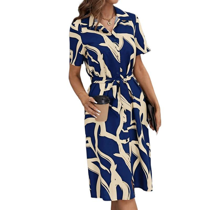 Shipped: cross-border european and american retro slim-fit printed vacation maxi dress with belt, v-neck, and short sleeves for women