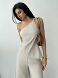 european and american cross-border summer new arrival: asymmetrical ruffle backless top and high-waisted pants two-piece set for women