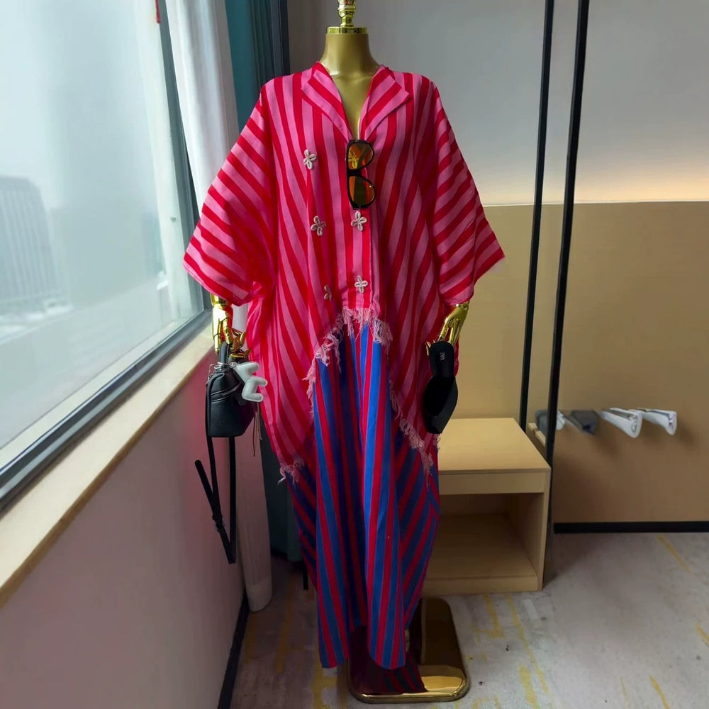 European and american cross-border women's clothing  summer new arrivals: african-style plus size fashion striped loose short-sleeve shirt dress