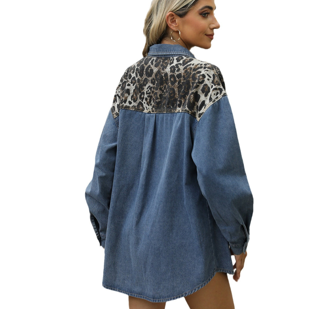 Fashion cross-border foreign trade women's clothing  independent station new washed loose leopard print color matching denim shirt tops