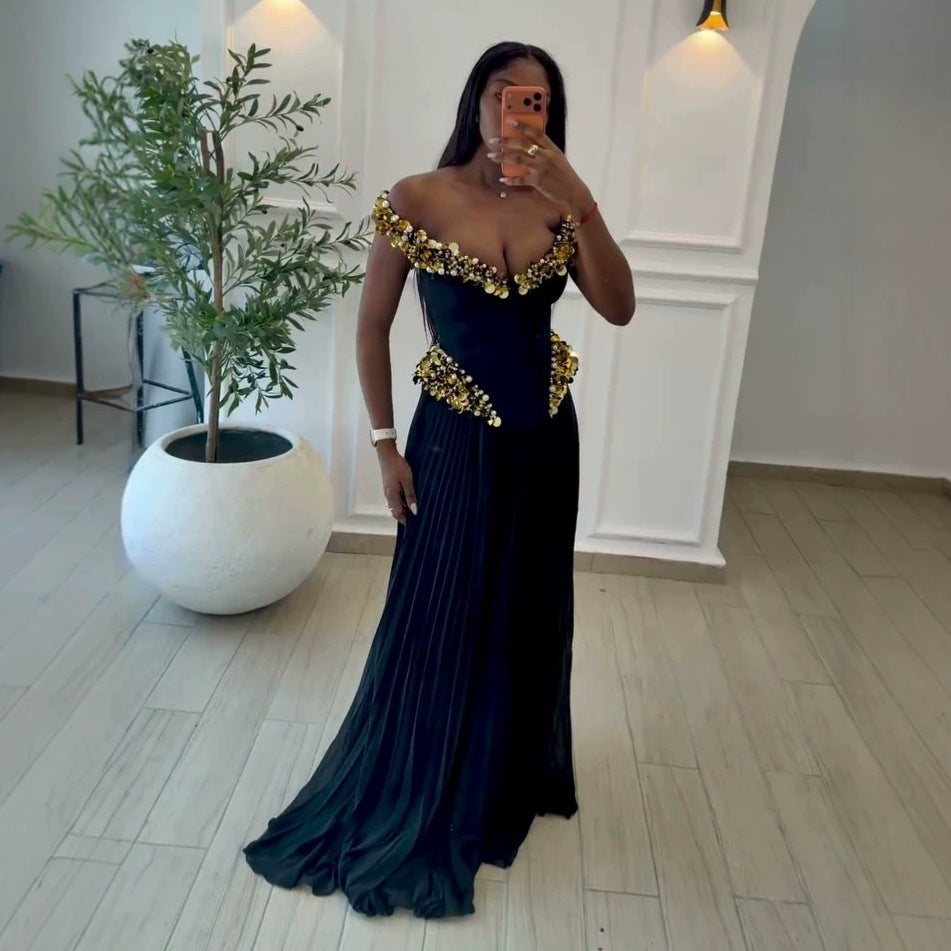 European and american cross-border women's fashion:  summer new arrival - elegant, heavily embellished beaded and sequined sleeveless top with pleated skirt set