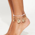 Pearl anklet wholesale - european & american cross-border style - beach vacation vibes - turtle, starfish, and seashell pendants - women's layered design anklets