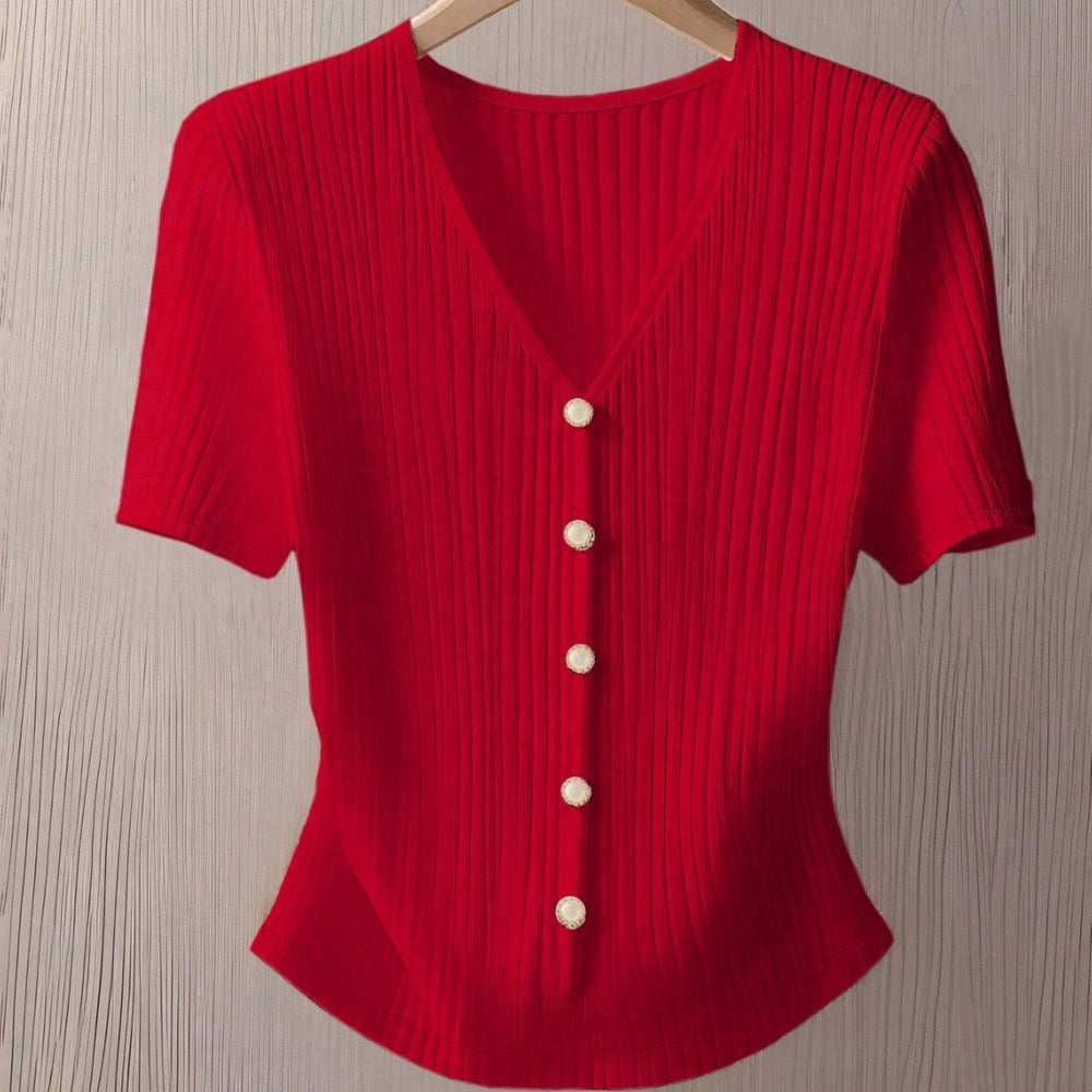 european and american cross-border e-commerce new v-neck knitted short-sleeve shirt solid color loose-fit base layer summer top